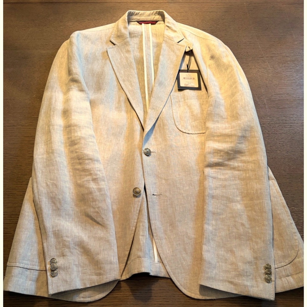 Kroon Bonaire Mens Linen Blazer Sport Coat Beige Sand 2-Button Patch Pocket NEW